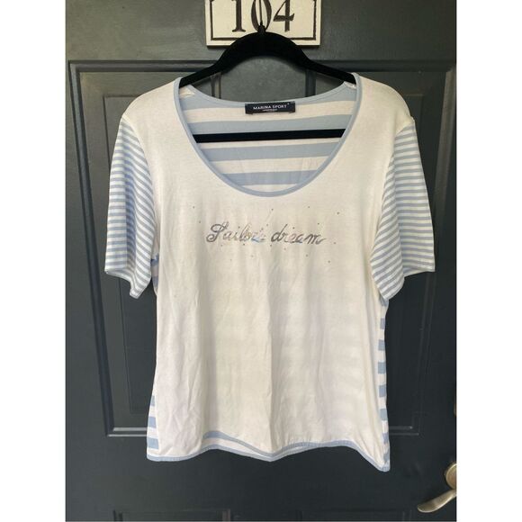 Marina Rinaldi Sport Sailor's Dream White Blue Stripe T-Shirt, Size Small - Picture 1 of 11